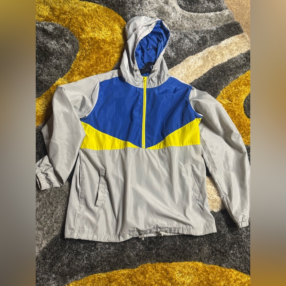 Gray and Blue Hooded Windbreaker with Yellow Accents